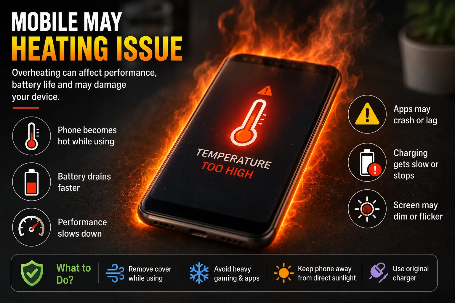 Overheating Android smartphone showing high temperature warning, battery drain, slow performance, and charging issues.