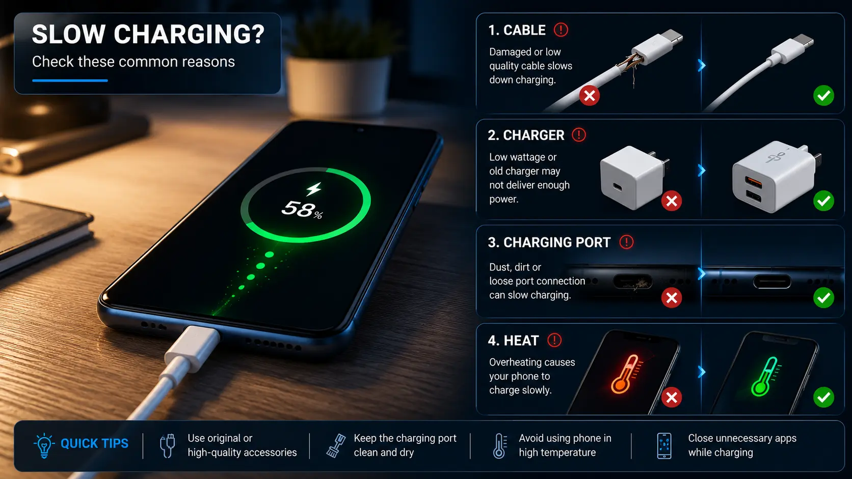 Modern smartphone connected to a charger with visual comparison of common slow charging causes including cable, charger, charging port and heat.