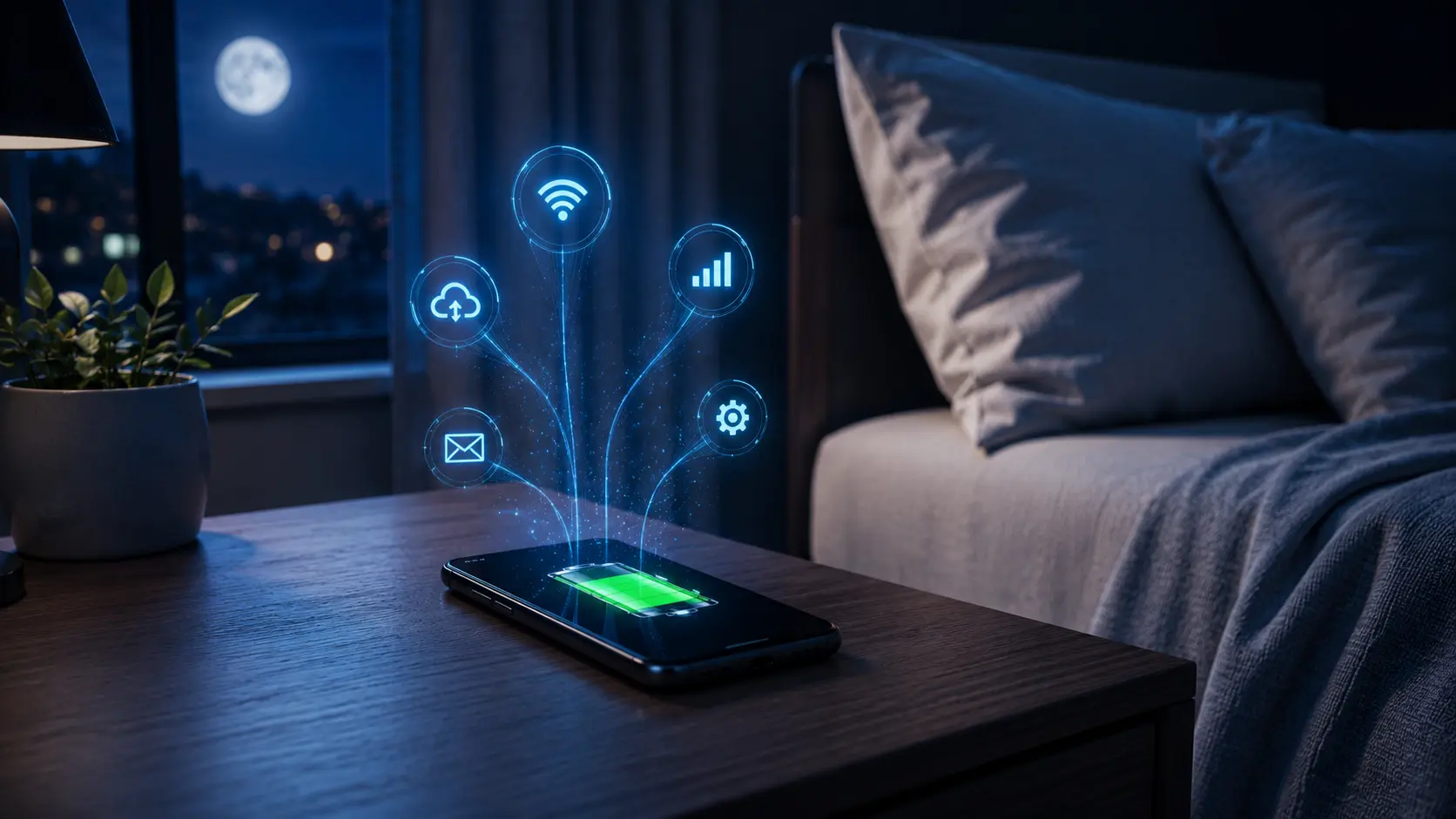 Modern smartphone on a bedside table showing slight overnight battery drain caused by background system activity.