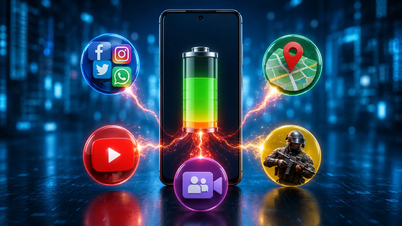 Smartphone surrounded by the five major app categories that commonly consume the most battery.