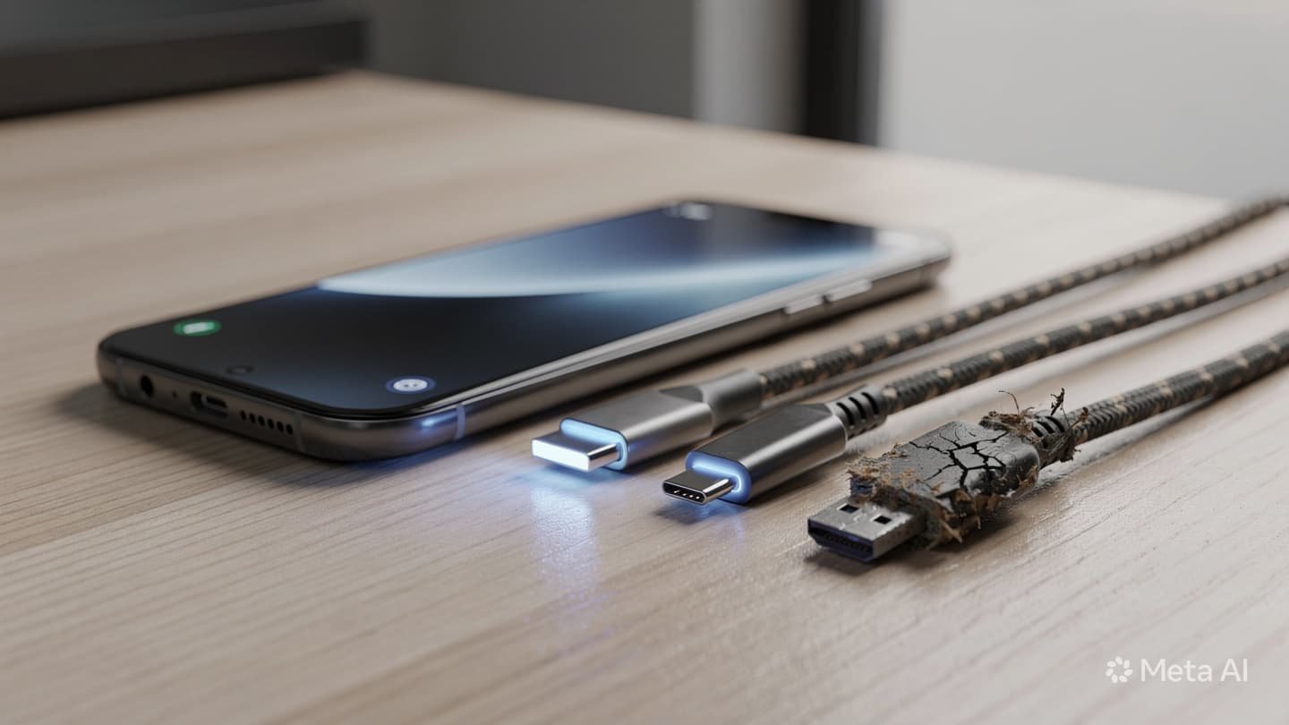 Premium braided USB-C cable compared with standard and damaged charging cables beside an Android smartphone.