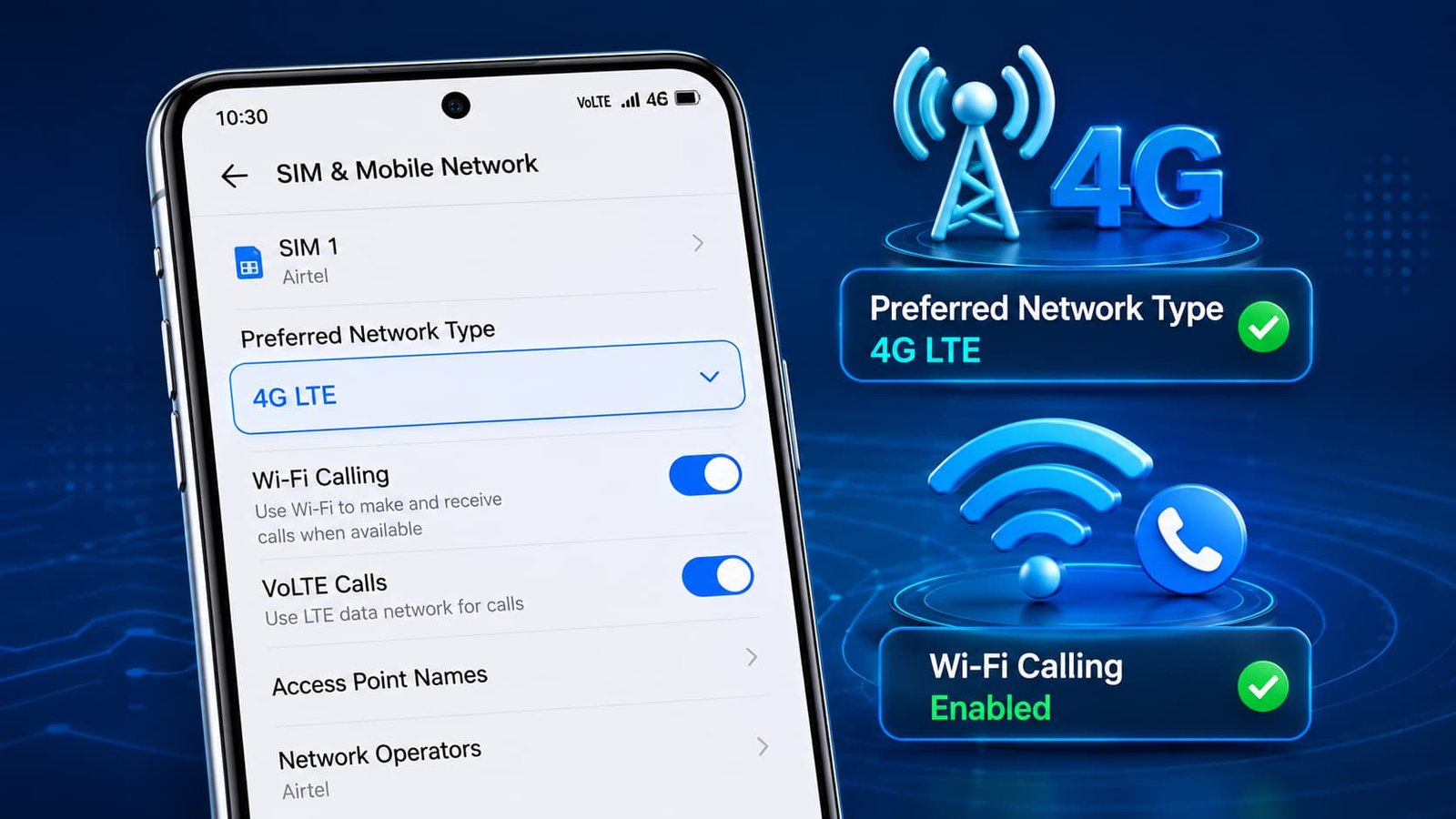 Android settings में 4G LTE Preferred Network और Wi-Fi Calling enabled