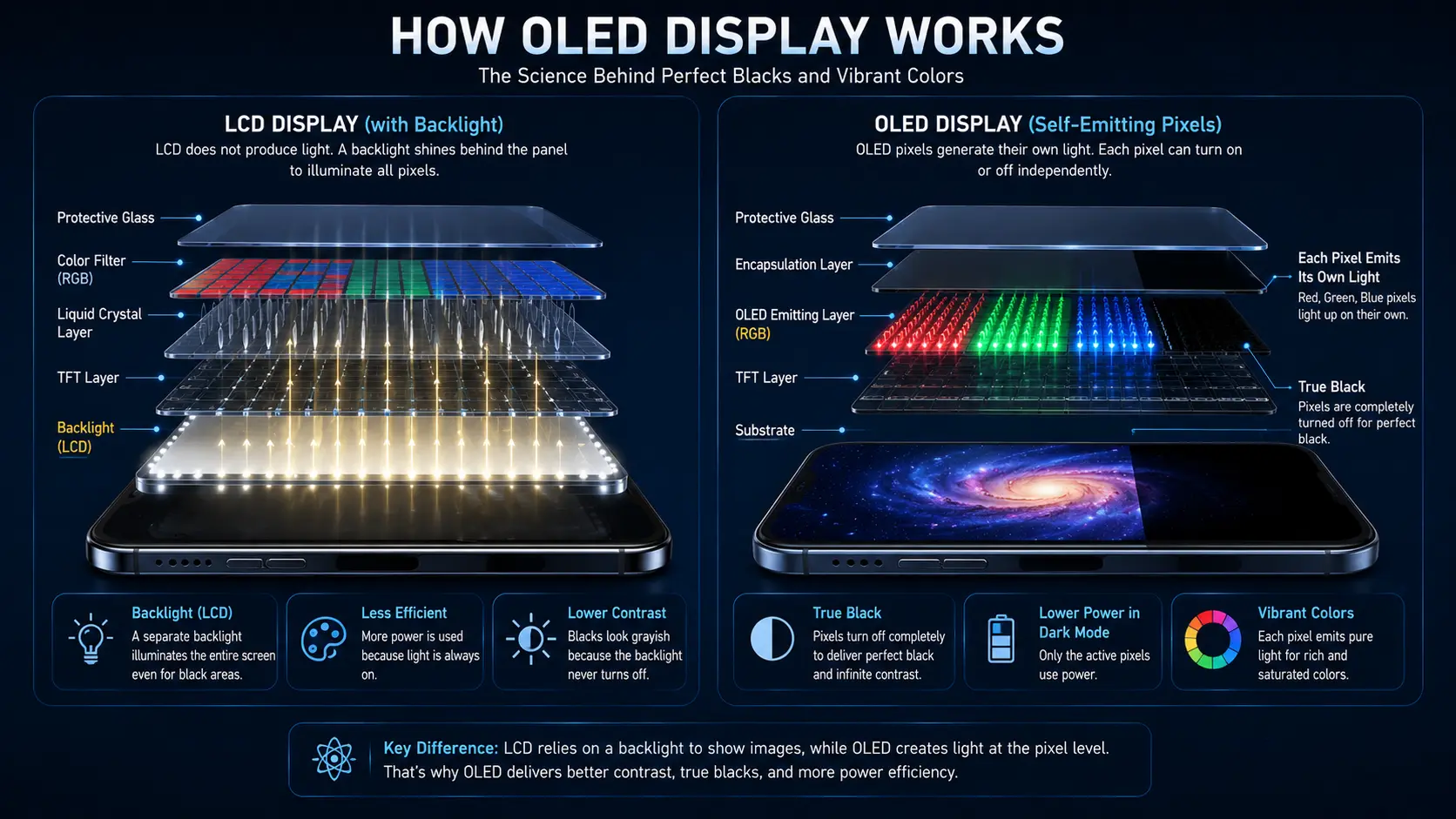 Comparison showing how OLED pixels emit their own light