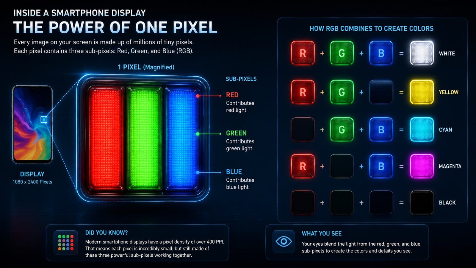 Magnified view of RGB sub-pixels inside a smartphone display.