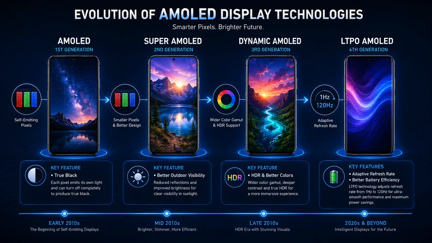 Comparison of AMOLED, Super AMOLED, Dynamic AMOLED and LTPO AMOLED displays.