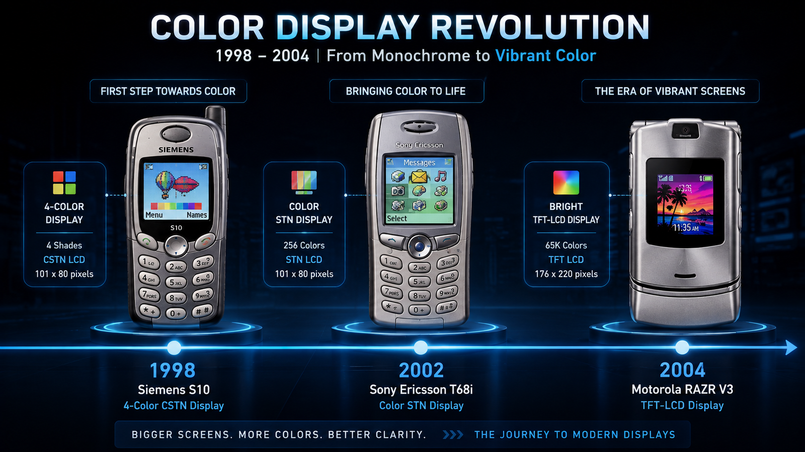 Timeline showing the evolution of early color mobile displays.