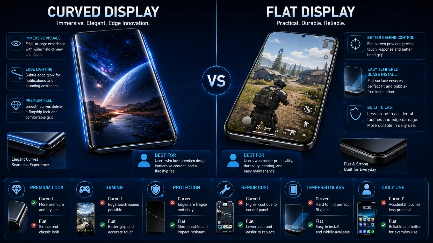 Comparison between curved and flat smartphone displays.