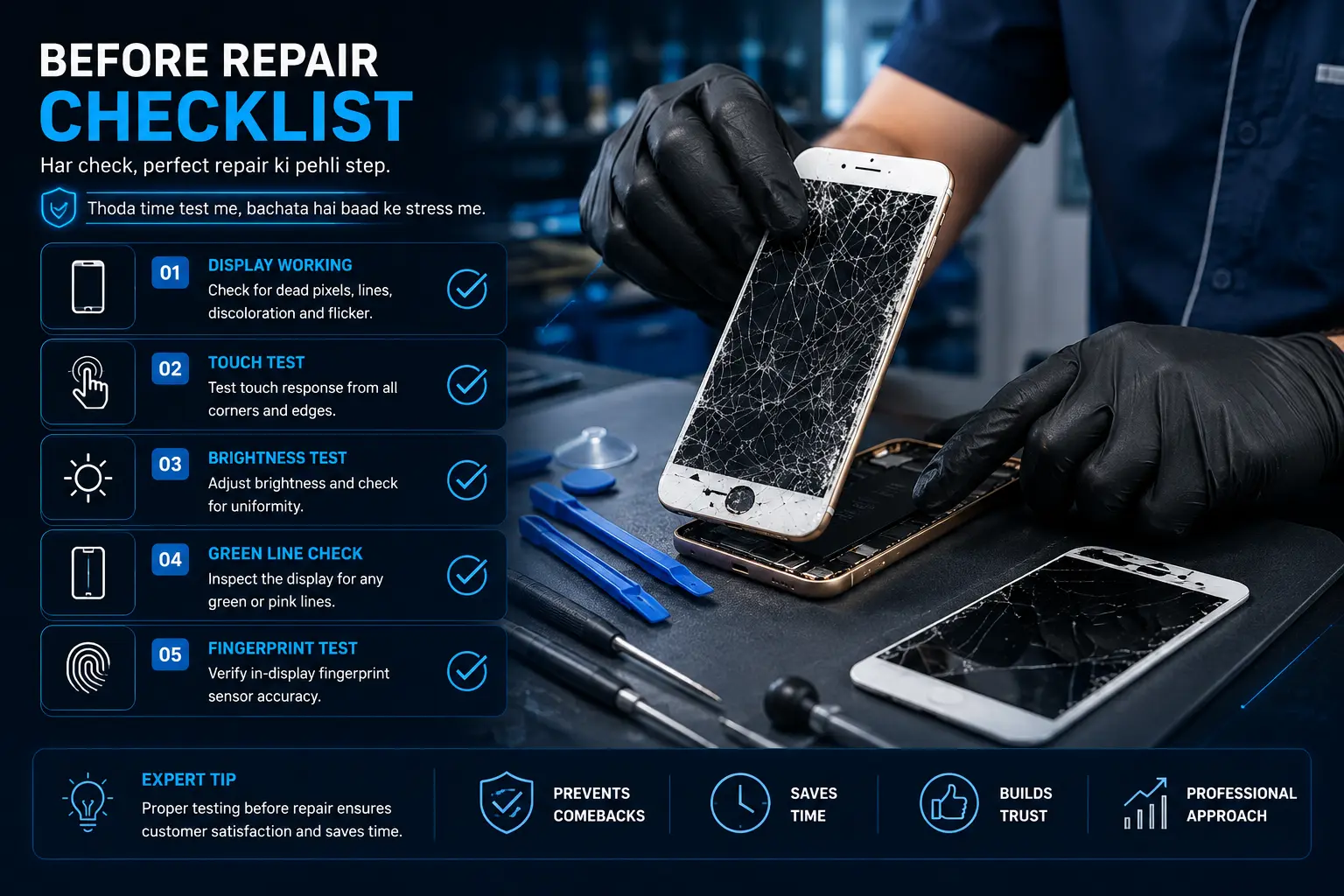 Technician checking a smartphone display before replacement.