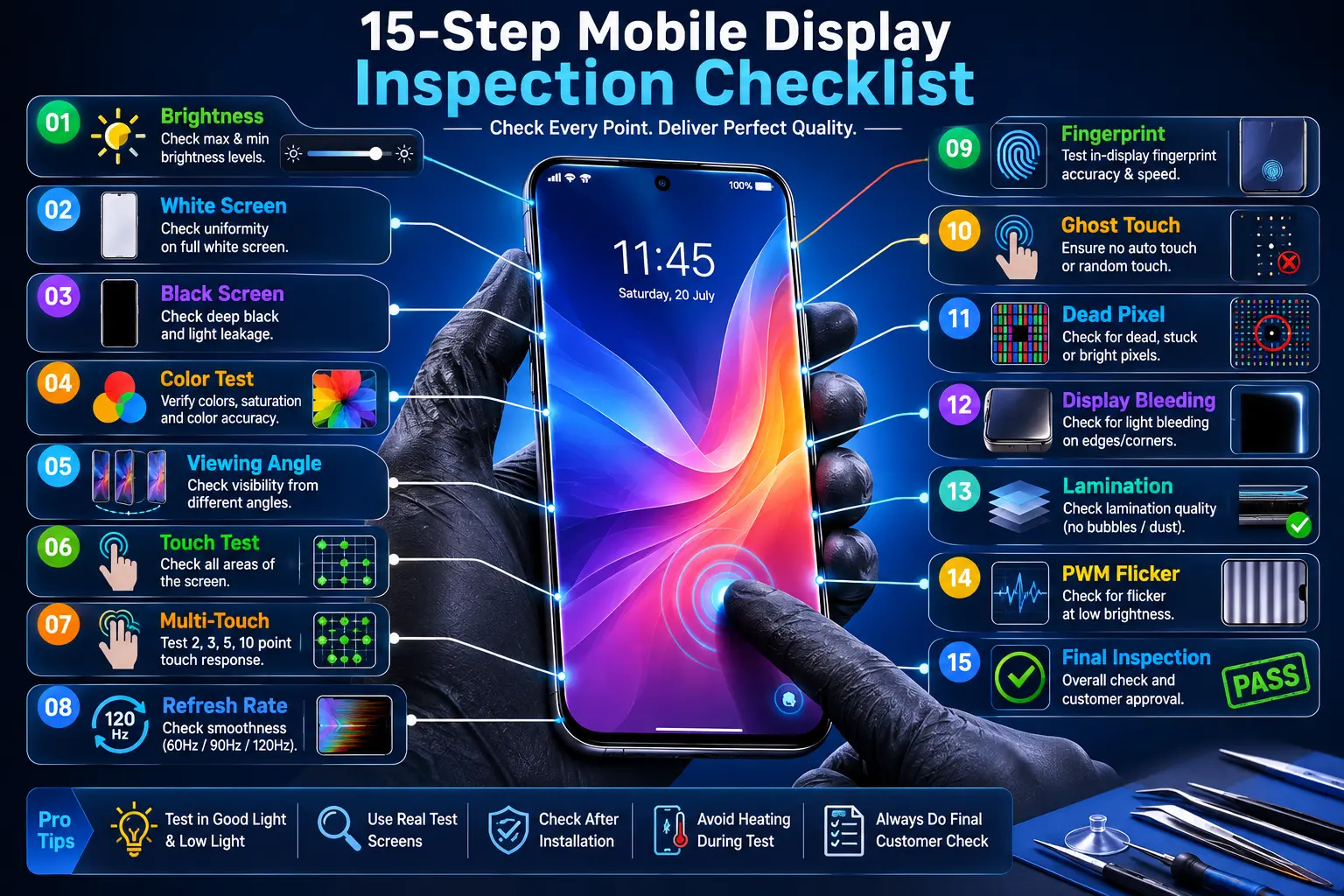 15-step smartphone display inspection checklist.