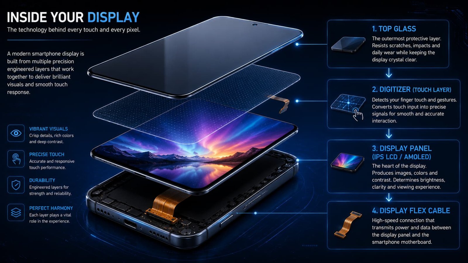 Exploded view of smartphone display layers.