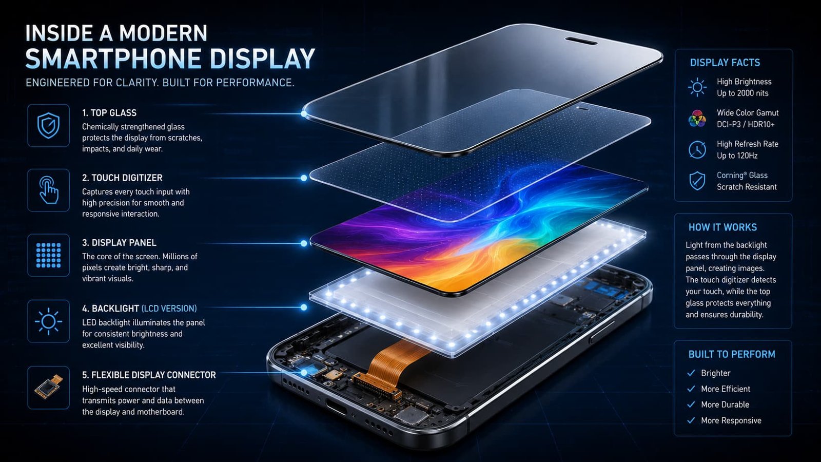 Exploded view showing the layers inside a smartphone display.