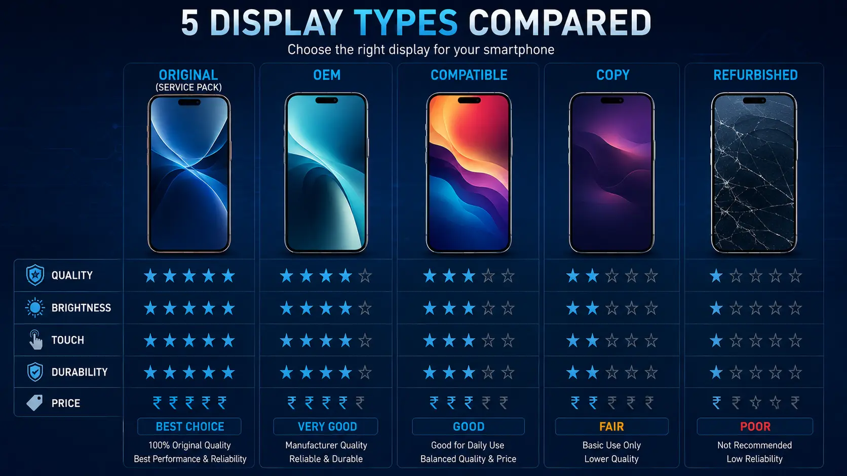 Comparison of original, OEM, compatible, copy and refurbished mobile displays.