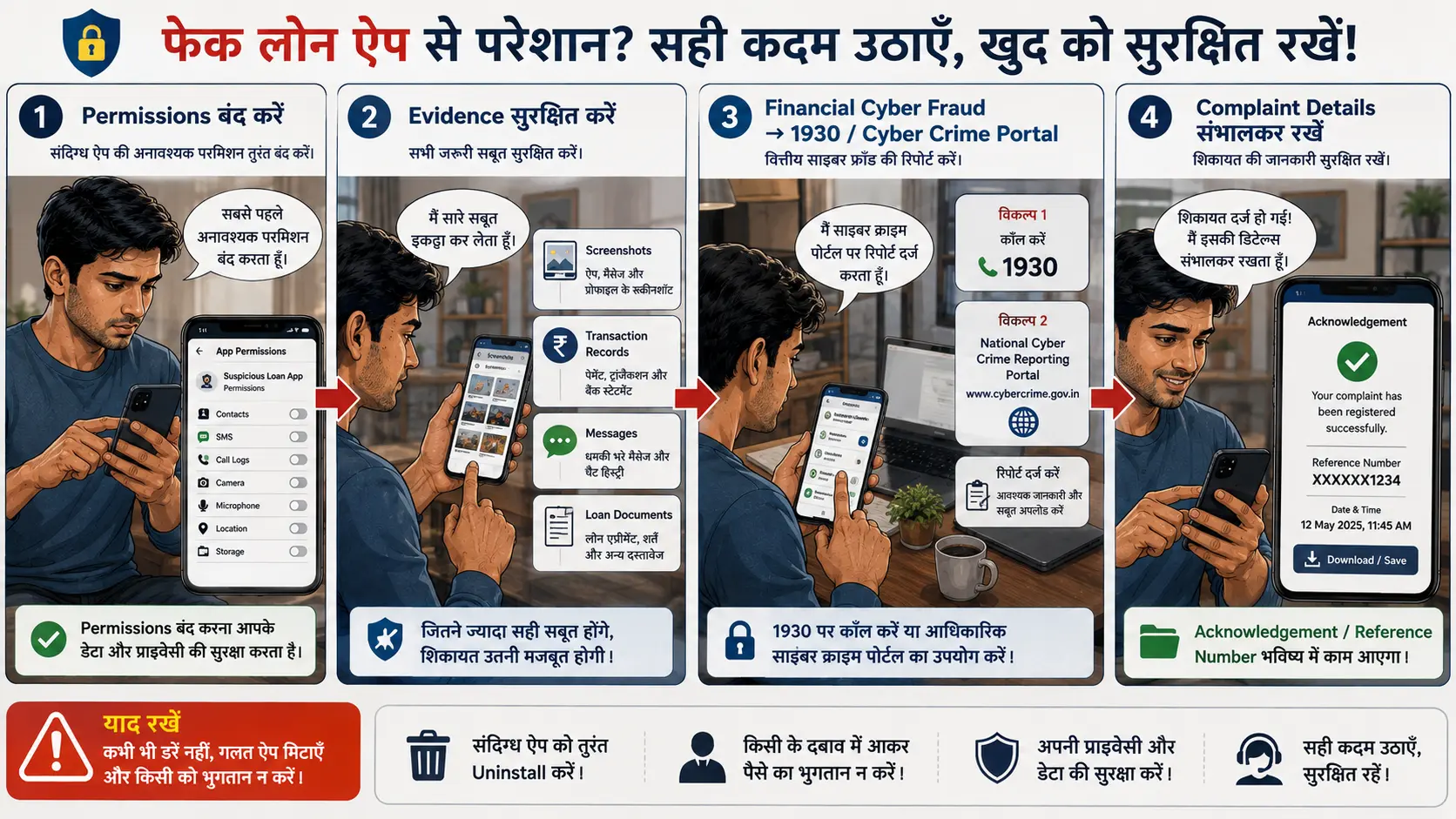 फेक लोन ऐप के मामले में permissions बंद करने, evidence सुरक्षित करने और cyber fraud complaint करने का roadmap