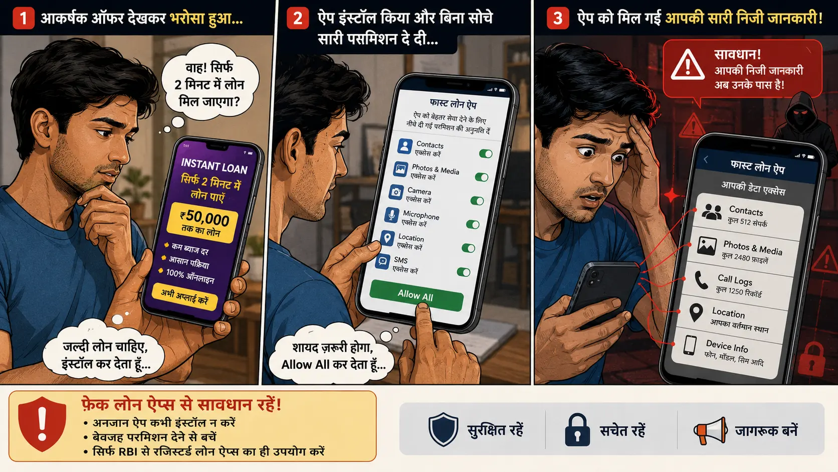 fake loan app में फोन परमिशन देने और निजी डेटा एक्सेस होने का खतरा दिखाती कॉमिक