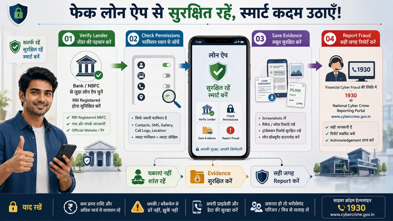 फेक लोन ऐप से बचने के लिए lender verify करने, permissions जांचने, evidence सुरक्षित करने और fraud report करने का safety flow