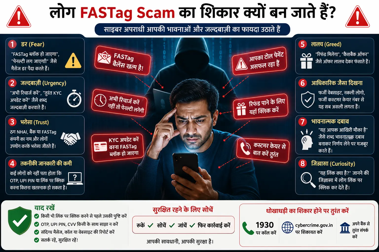 मोबाइल देखता हुआ व्यक्ति, पीछे हैकर की परछाई और FASTag Scam में इस्तेमाल होने वाले डर, जल्दबाज़ी और फर्जी संदेशों को दर्शाता हिंदी इन्फोग्राफिक।