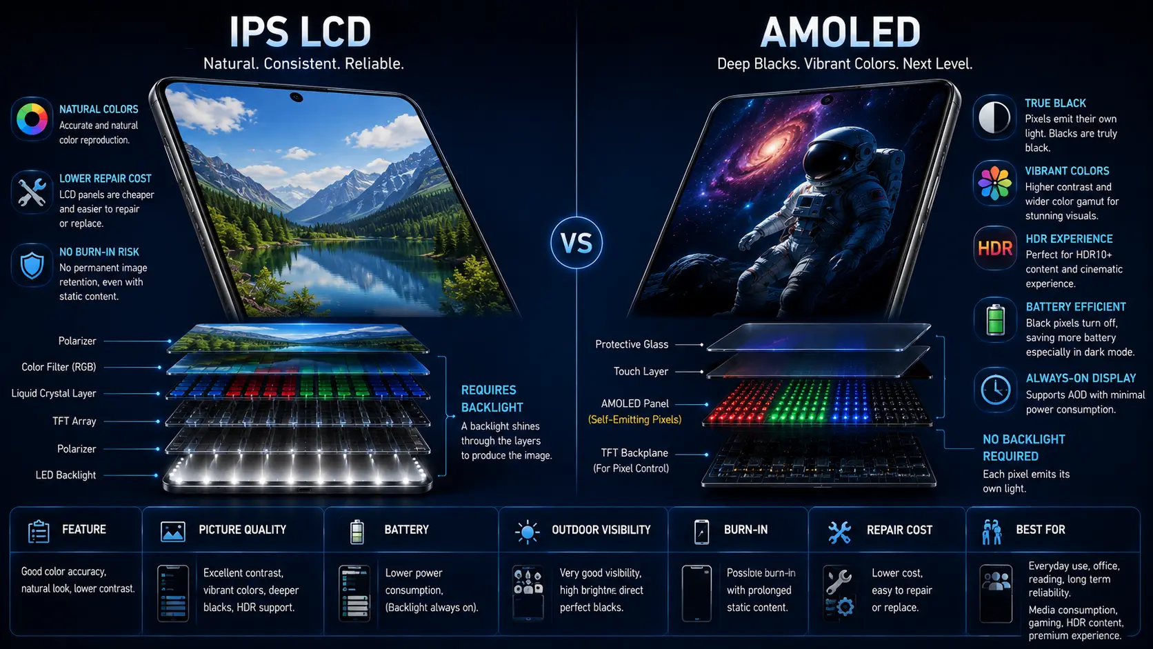 Comparison between IPS LCD and AMOLED smartphone displays.
