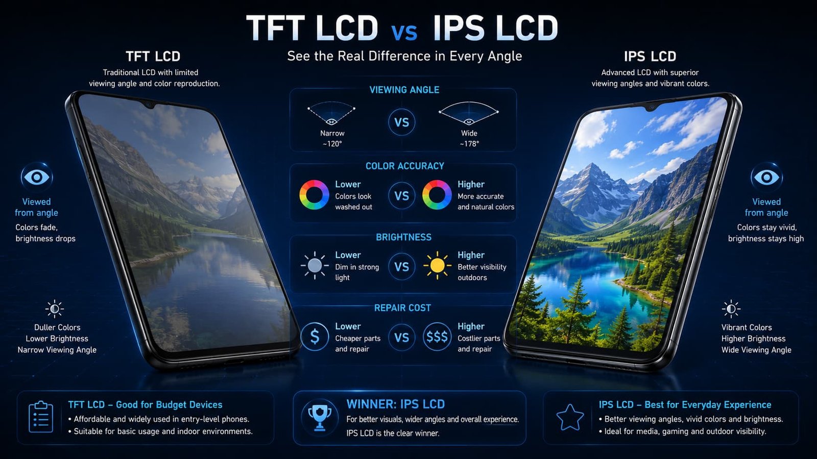 Comparison between IPS LCD and TFT LCD displays.