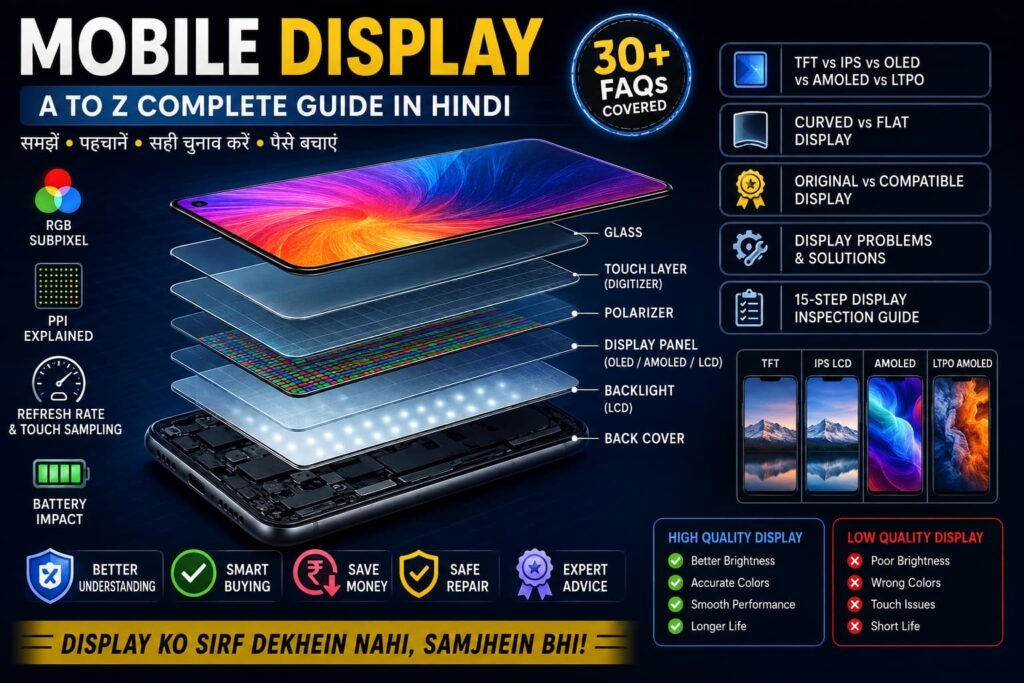 Exploded smartphone display showing display layers, TFT, IPS LCD, OLED, AMOLED comparison and mobile display guide.