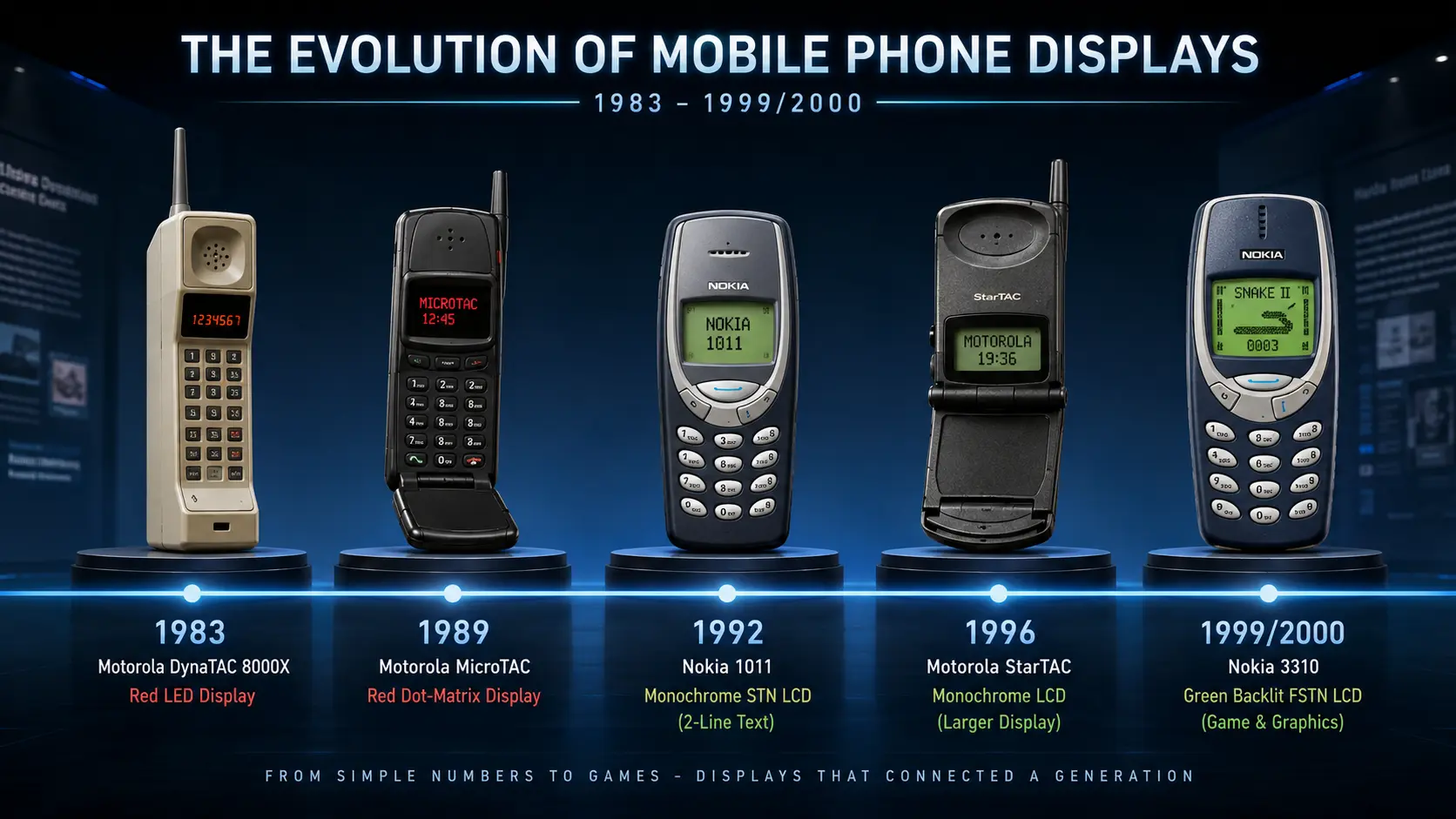 Timeline showing the evolution of mobile displays from Motorola DynaTAC to Nokia 3310.