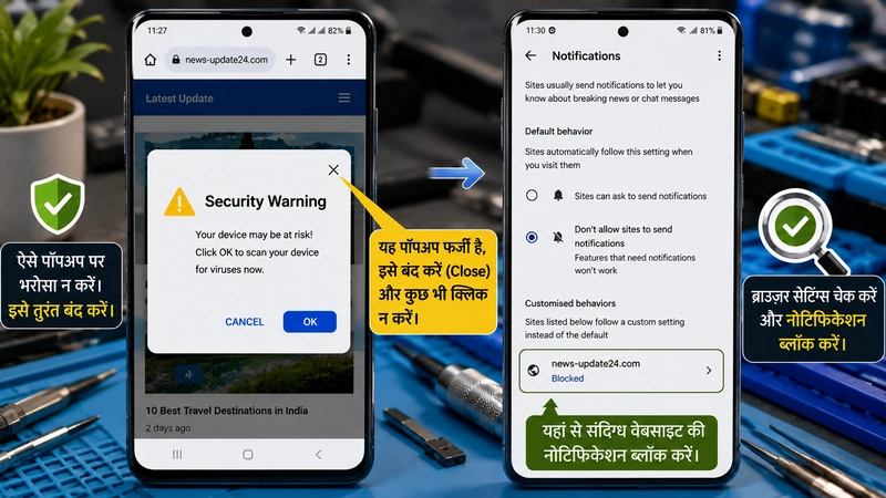 मोबाइल में popup ads और fake virus warning को पहचानने का तरीका