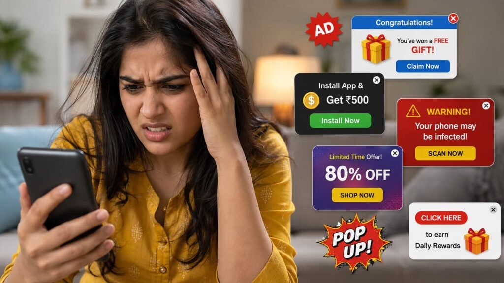 A woman frustrated by pop-up ads on her mobile phone