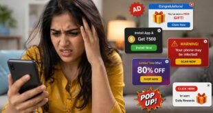 A woman frustrated by pop-up ads on her mobile phone