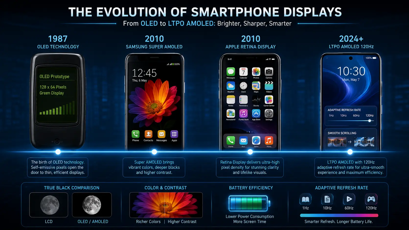 Timeline showing the evolution from OLED to LTPO AMOLED displays.