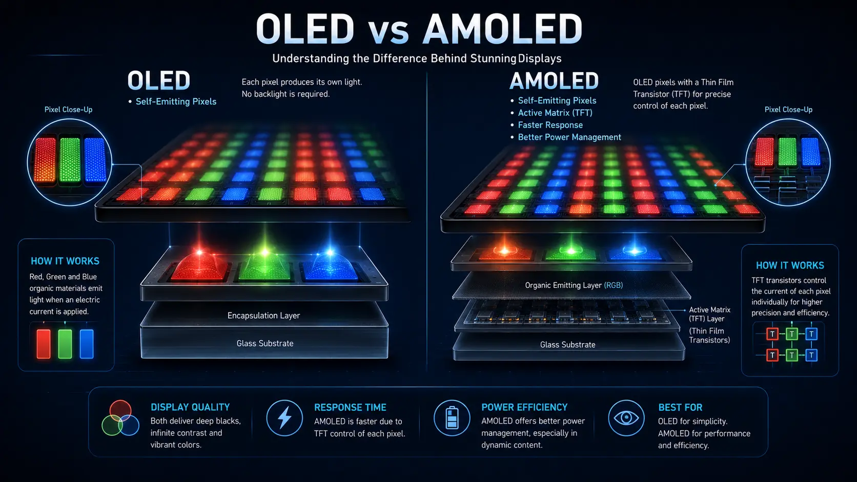 Comparison between OLED and AMOLED smartphone displays.