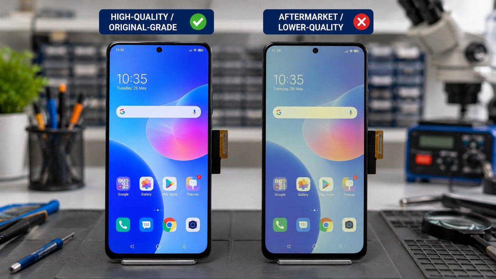 Original और aftermarket mobile display की quality का comparison