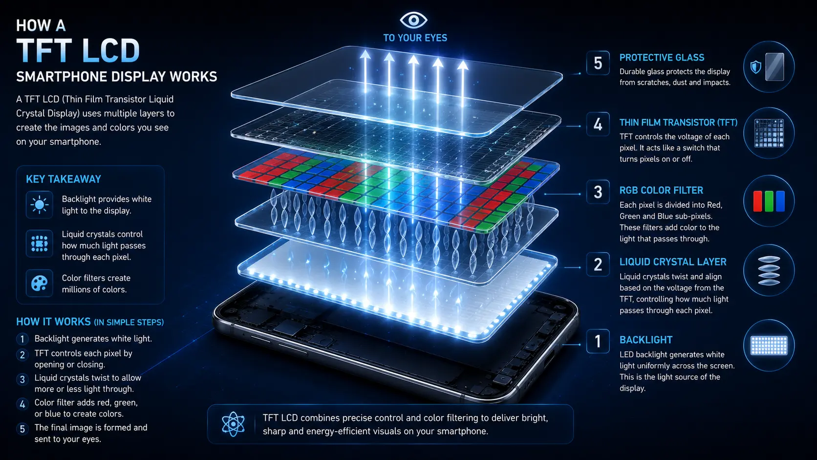 Exploded diagram of a TFT LCD smartphone display.