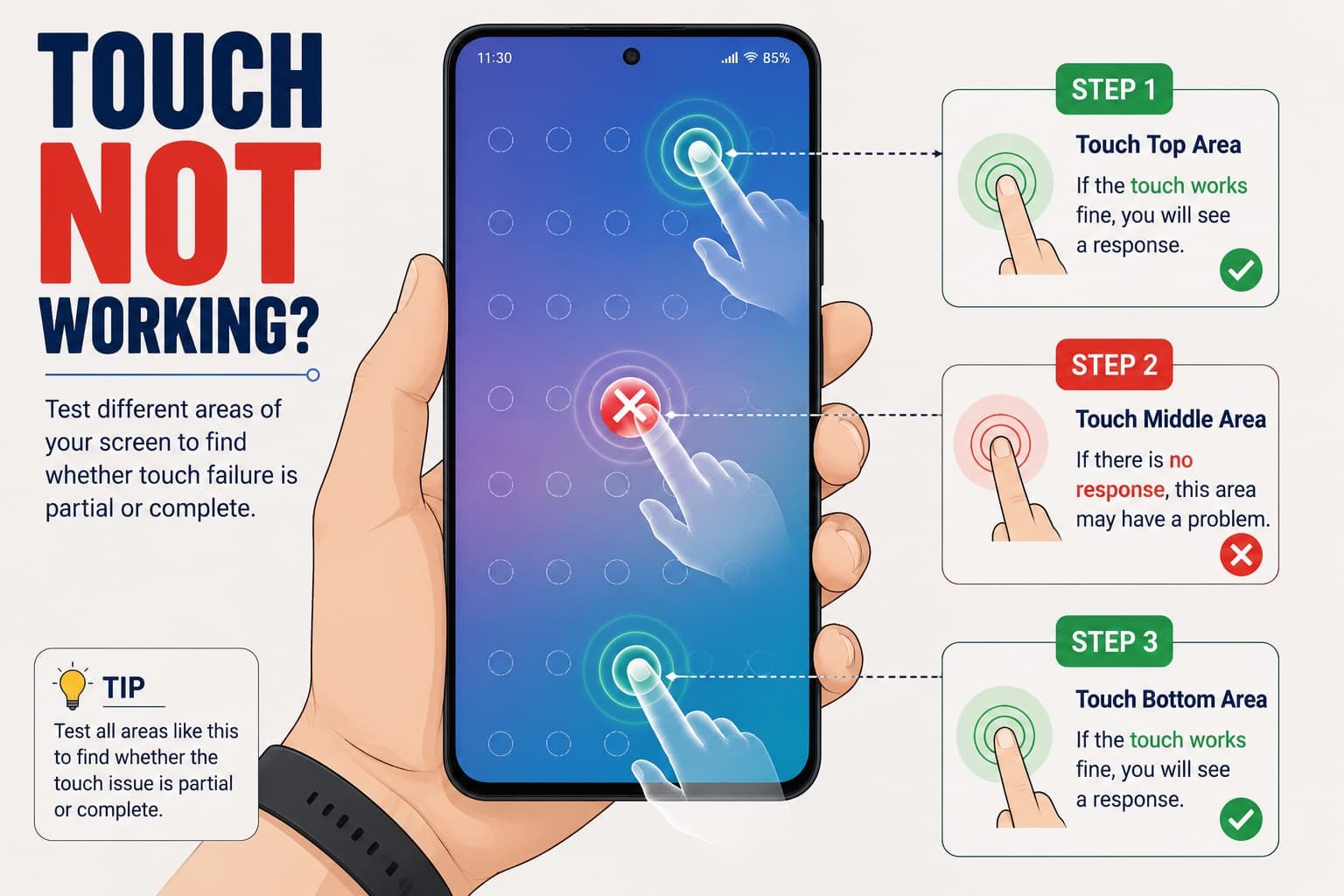 Touch Not Working में स्क्रीन के अलग-अलग हिस्सों का Touch Test