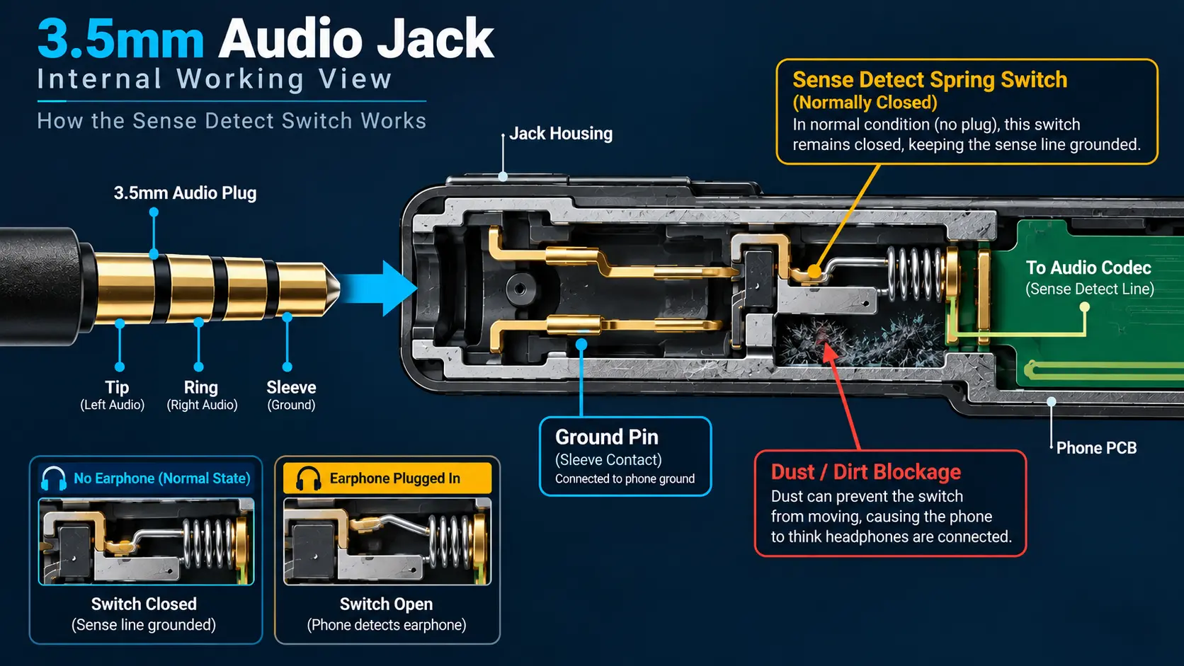 Diagram of 3.5mm audio jack sense switch for headphone icon problem fix