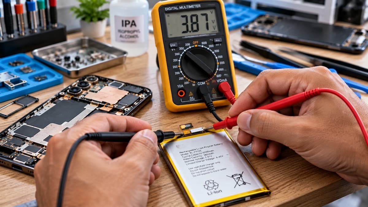 Battery Drain Hardware Problem? 5 मिनट में पहचानें — बैटरी खराब है या नहीं (2026) Battery drain hardware problem – checking with a multimeter.