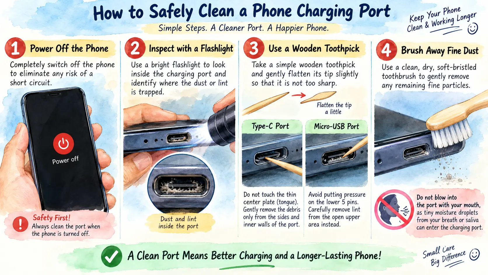 Steps to safely clean a phone charging port with a wooden toothpick and soft brush