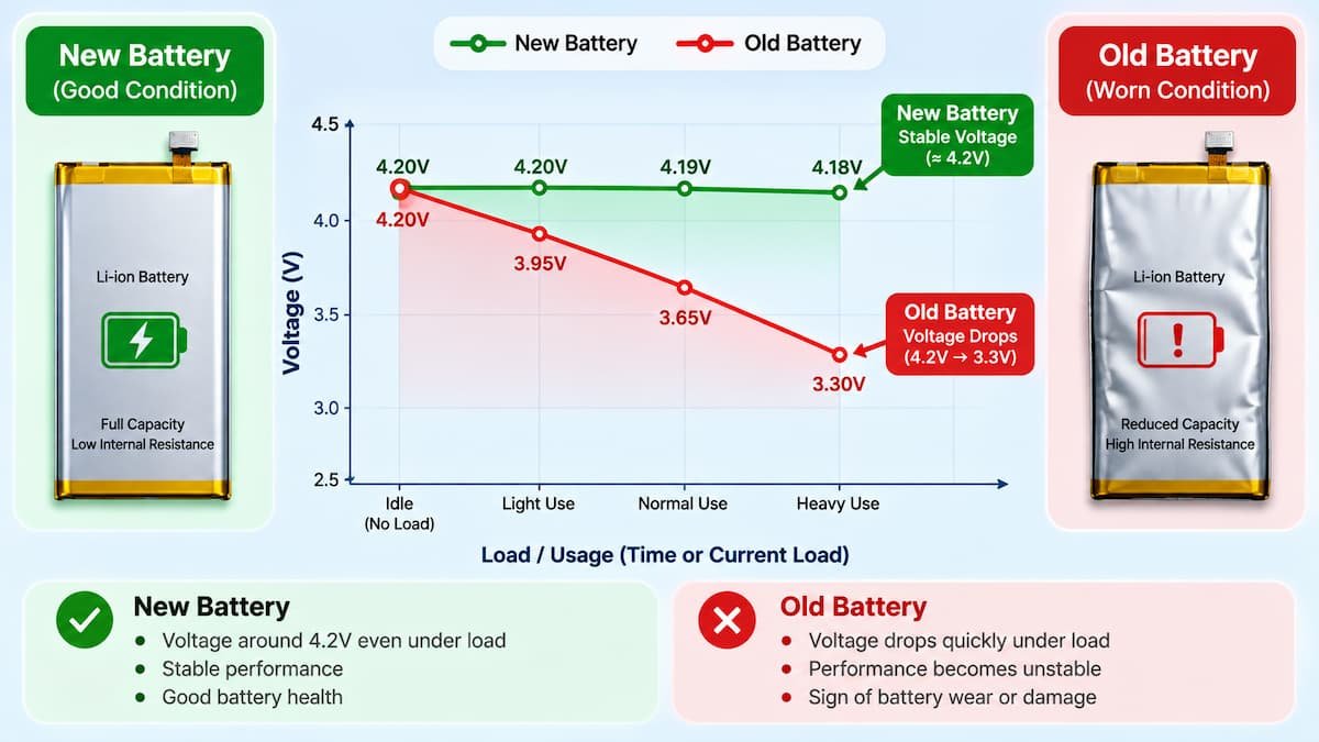 Battery Drain Hardware Problem? 5 मिनट में पहचानें — बैटरी खराब है या नहीं (2026) battery internal resistance के कारण voltage 4.2V से 3.3V drop होने का technical chart