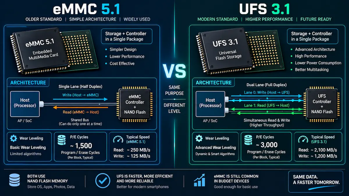 फोन स्टोरेज में रीड‑राइट साइकल से eMMC और UFS की उम्र कैसे तय की जाती है? Technical Comparison Diagram of eMMC and UFS Flash Storage Architecture and Endurance