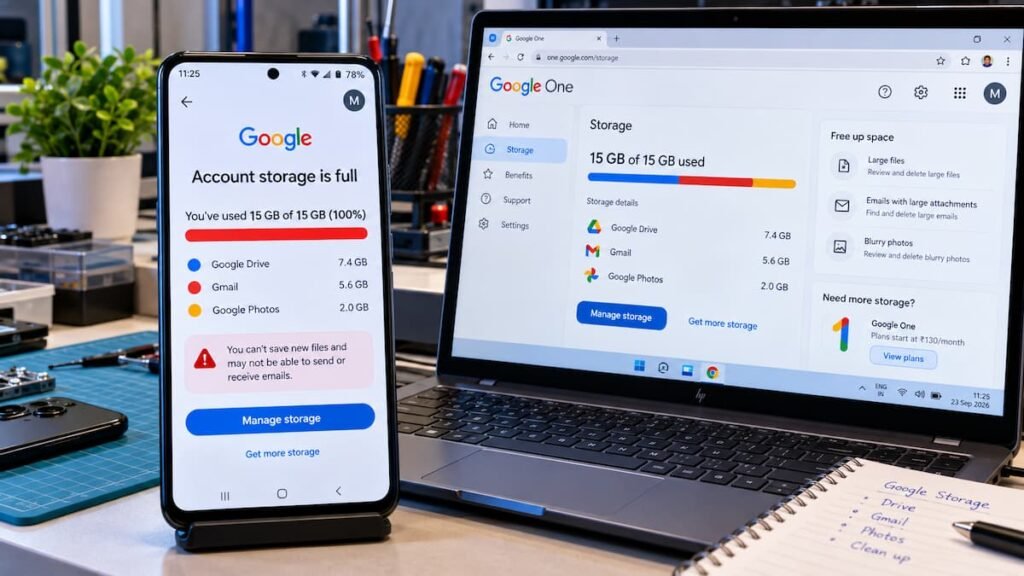 Mobile screen showing Google Account Storage Ful notification on cloud workspace
