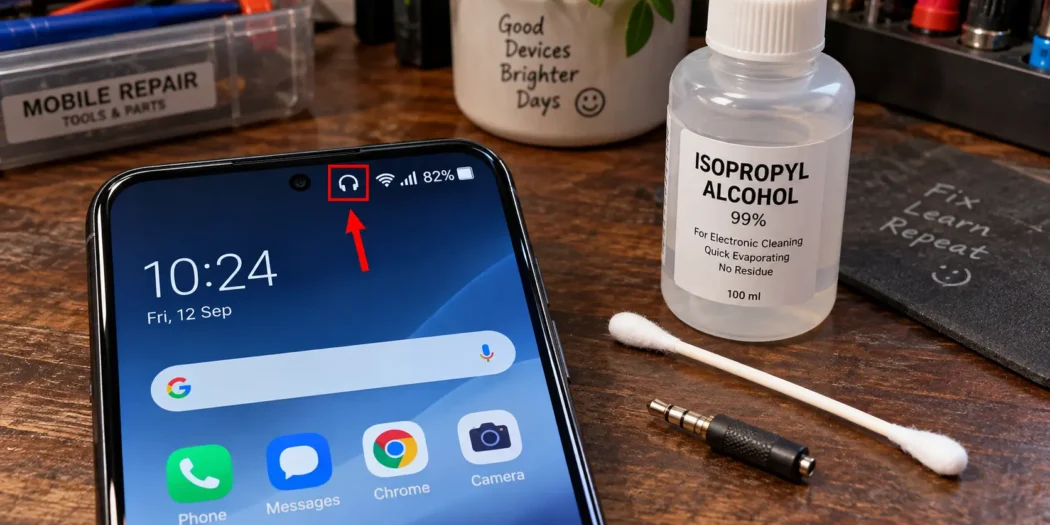 Smartphone screen showing headphone icon problem fix with cleaning tools
