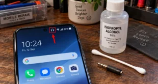 Smartphone screen showing headphone icon problem fix with cleaning tools