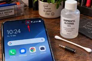 Smartphone screen showing headphone icon problem fix with cleaning tools