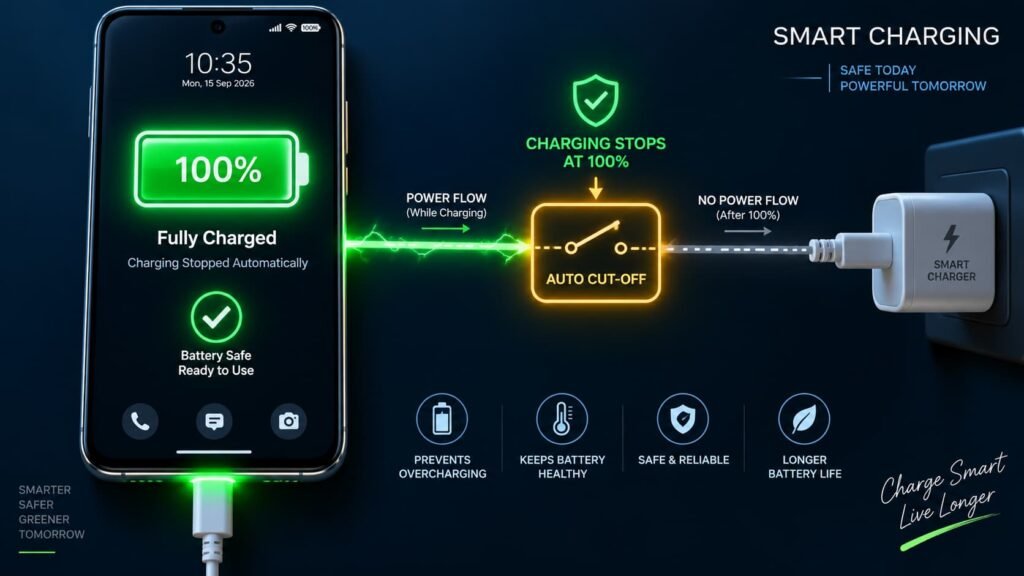 Smartphone showing 100 percent battery cutoff answering kya phone overcharge hota hai
