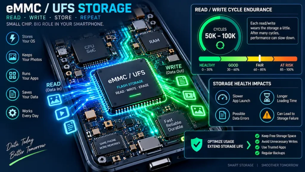 फोन स्टोरेज में रीड‑राइट साइकल से eMMC और UFS की उम्र कैसे तय की जाती है? Flash Storage Read Write Cycles and Lifespan in Smartphones