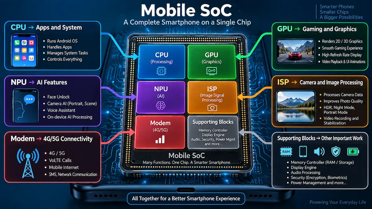 Mobile Processor Guide Hindi: समझें कोर, nm और GPU के 6 नियम Mobile SoC में CPU GPU NPU ISP और Modem का diagram