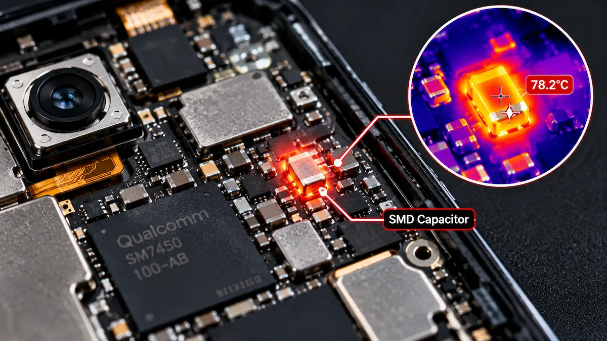 Battery Drain Hardware Problem? 5 मिनट में पहचानें — बैटरी खराब है या नहीं (2026) smartphone motherboard पर SMD capacitor current leak detect करते हुए thermal camera view