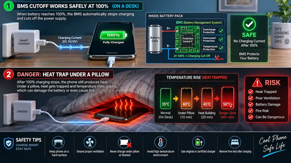 Infographic diagram of overnight charging heat trap and kya phone overcharge hota hai facts