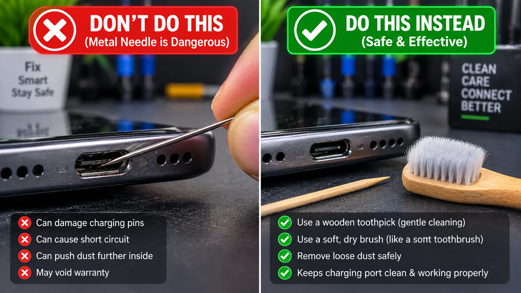 Safe tools to clean phone charging port avoid metal needles use wooden toothpick