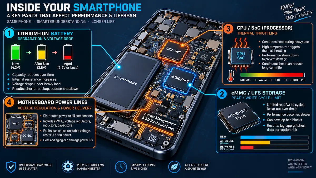 फोन बदलने का समय कब आता है? 5 सबसे बड़े संकेत पहचानें स्मार्टफोन के आंतरिक हार्डवेयर डिग्रेडेशन और बैटरी वियर-आउट का इन्फोग्राफिक डायग्राम