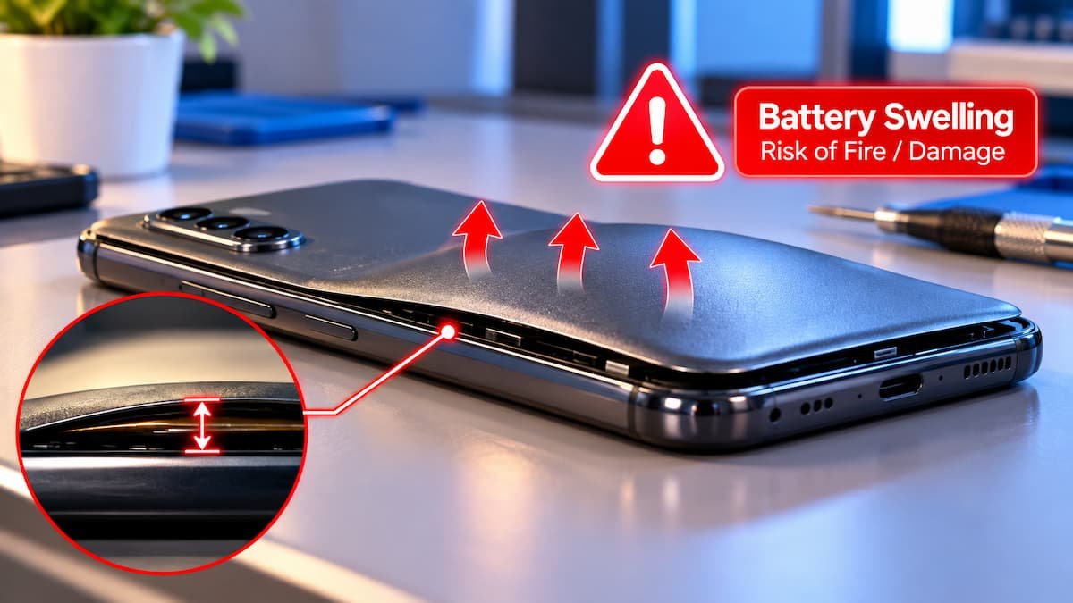 Battery Drain Hardware Problem? 5 मिनट में पहचानें — बैटरी खराब है या नहीं (2026) फूली हुई mobile battery की पहचान — back panel उभार और safety warning