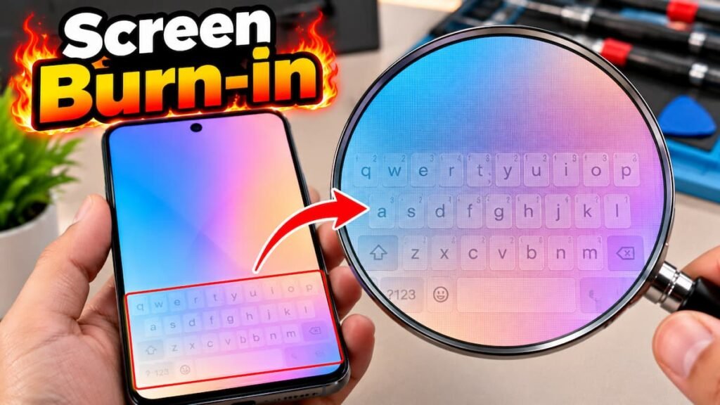 AMOLED smartphone screen showing subtle Screen burn-in shadow and ghost touch marks